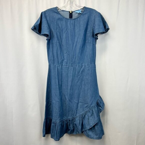 Draper James Womens Dress Blue Chambray Ruffle Knee Length Short Sleeve Size 2 - Picture 1 of 11